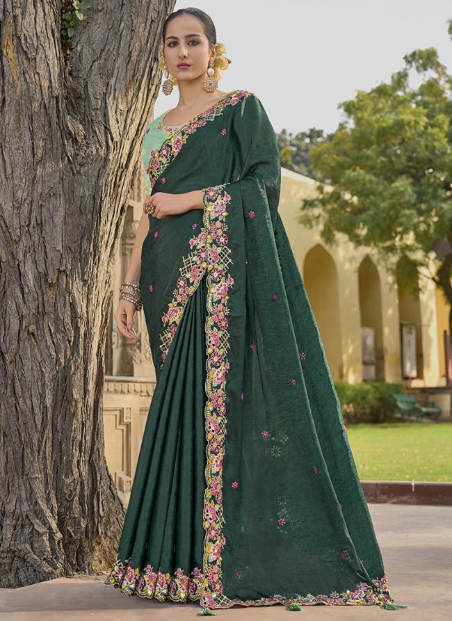 Organza Silk Green Party Wear Sequins Work Saree